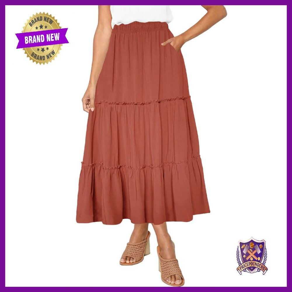 High Waist A-Line Ruffle Maxi Skirt With Pockets, Lined, Elastic Waist